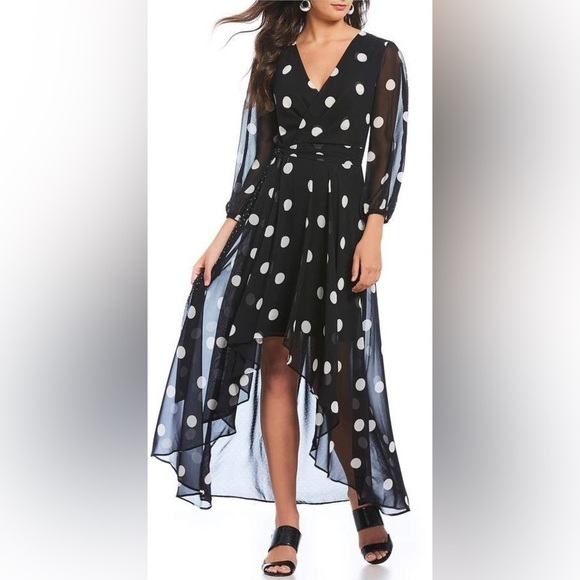 Eliza J NWT Black Polka Dot Midi Dress 8 high low wrap long sleeve flowy V neck - Picture 1 of 13